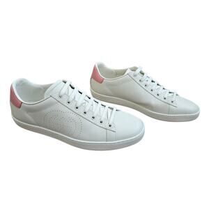 Gucci Ace GG Logo White Pink Leather Low Top Lace Up Sneaker Size 40.5 US 10.5